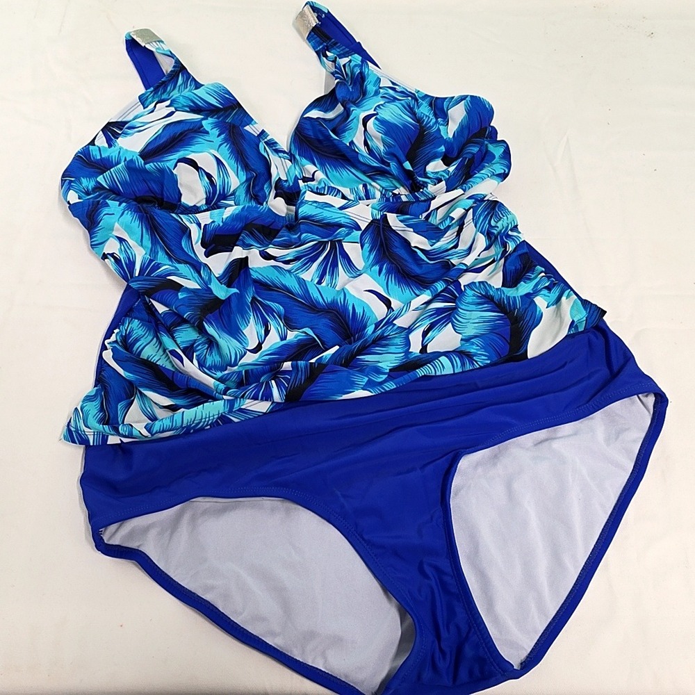 Your Best Look One Piece Swimsuit Women 20W Blue Tropical Blouson Tummy Control